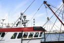 Photographie du 29 octobre 2021 d'un chalutier britannique dérouté au Havre par les autorités françaises, dont le capitaine est suspecté d'avoir pêché plus de deux tonnes de coquilles Saint-Jacques sans licence