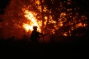 Un sapeur-pompier arrose la forêt près d'une zone résidentielle menacée par l'incendie proche de Lège-Cap-Ferret en Gironde, le 23 juillet 2026