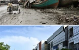 Montage photos du 29 novembre 2024 montrant une rue de Banda Aceh le 8 janvier 2005 après le tsunami du 26 décembre 2004 (en haut) et la même rue le 25 novembre 2024