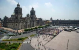 Vue aérienne de la place du Zocalo, dans le centre de Mexico, où sont célébrés les 500 ans de la chute de l'empire aztèque face aux Conquistadores espagnols, le 12 août 2021