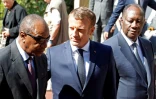 Les présidents guinéen Alpha Condé, français Emmanuel Macron et ivoirien Alassane Ouattara participent le 15 août 2019 aux célébrations du 75e anniversaire du débarquement de Provence à Saint-Raphaël (Var)
