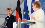 La chancelière Angela Merkel et le président français Emmanuel Macron donnent une conférence de presse, le 29 juin 2020à Meseberg, près de Berlin