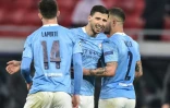 Les joueurs de Manchester City Aymeric Laporte (g), Ruben Dias (c) et Kyle Walker vainqueurs du Borussia Mönchengladbach en 8e de finale aller de Ligue des champions, le 24 février 2021 à Budapest