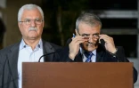 Les opposants syriens du HCN George Sabra et Asaad al-Zoabi le 13 avril 2016 à Genève