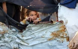 Une fille observe le site d'un bombardement imputé à Israël sur des tentes abritant des Palestiniens déplacés dans un camp de Khan Younès, dans le sud de la bande de Gaza, le 25 décembre 2024