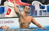 La joie de Florent Manandou, après avoir remporté la médaille d'argent sur 50 m nage libre, lors des Jeux olympiques de Tokyo 2020, le 1er août 2021