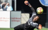 Le gardien de l'OM Steve Mandanda tente d'arrêter le ballon lors du match de L1 contre Guingamp, au Roudourou, le 20 avril 2019