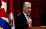 Le président cubain Miguel Diaz-Canel, à la tribune du Congrès du Parti communiste cubain, à la Havane le 19 avril 2021