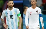 L'attaquant argentin Lionel Messi (g) Ă Kazan au Tatarstan, et l'attaquant portugais Cristiano Ronaldo, Ă Sotchi en Russie, le 30 juin 2018