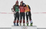 La Canadienne Kelsey Serwa (C) en or en skicross lors des JO de Pyeongchang le 23 février 2018