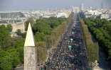 Les athlètes empruntent la célèbre avenue des Champs Elysées lors du marathon de Paris, le 14 avril 2019