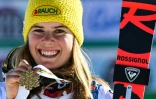 L'Autrichienne Katharina Liensberger, victorieuse du slalom aux Mondiaux de Cortina d'Ampezzo, le 20 février 2021