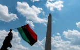 Une manifestante anntiraciste brandit un drapeau aux couleurs du panafricanisme le 4 juillet 2020 à Washington