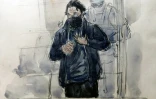 Croquis d'audience réalisé le 15 septembre 2021 montrant Salah Abdeslam (L), principal accusé au procès des attentats du 13-Novembre, devant la cour d'assises spéciale de Paris