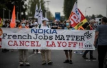 Manifestation à Nozay le 10 septembre 2020 des salariés de Nokia contre le plan social qui prévoit la suppression de 1.233 emplois en France 