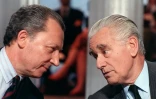 Jacques Delors, président de la Commission européenne (G) et Jacques Chaban-Delmas, président de l'Assemblée nationale, le 18 mai 1988