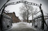 L'entrée du camp d'extermination Auschwitz-Birkenau portant l'inscription "Arbeit macht frei" (Le travail rend libre), à Oswiecim, en Pologne, le 25 janvier 2015