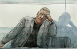 Croquis d'audience montrant Dominique Pelicot au tribunal, avant d'être excusé d'audience, pour le troisième jour consécutif, pour des raisons médicales, lors de son procès pour viols en série par soumission chimique, à Avignon (Vaucluse), le 11 septembre 2024