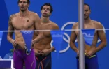 Camille Lacourt, Théo Bussière et Jérémy Stravius, lors des séries du 4x100 m quatre nages aux Jeux de Rio, le 12 août 2016