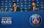 Le président du Paris Saint-Germain, le Qatari Nasser Al-Khelaifi, s'exprime lors de la conférence de presse de présentation officielle de l'attaquant argentin Lionel Messi, le 11 août 2021 au Parc des Princes