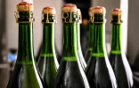 Des bouteilles de champagne sur une chaîne de contrôle qualité de la maison Bollinger, le 2 décembre 2020 à Ay, près d'Epernay, en France