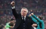 La joie de l'entraîneur italien du Real Madrid, après la victoire, 1-0 face à Liverpool, en finale de la Coupe d'Europe, le 28 mai 2022 au Stade de France à Saint-Denis