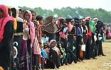 Des femmes réfugiées rohingyas font la queue pour recevoir une aide alimentaire au camp de Nayapara, à Teknaf, le 21 octobre 2017 au Bangladesh 
