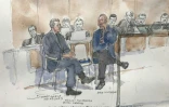 Sur ce croquis d'audience, l'ancien président Nicolas Sarkozy (gauche) est assis à côté de l'ex-ministre de l'Intérieur Brice Hortefeux lors du procès des soupçons de financement libyen, le 10 février 2025 à Paris