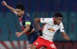Le Parisien Marquinhos (g) et l'attaquant de Leipzig Christopher Nkunku en Ligue des champions, le 4 novembre 2020 à Leipzig 