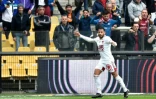 La joie du milieu de terrain algérien de Brest Youcef Belaili, après avoir ouvert le score contre Metz, lors de la 34e journée de Ligue 1, le 24 avril 2022 au Stade Saint-Symphorien à Longeville-lès-Metz