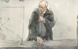 Croquis d'audience représentant l'ex-chirurgien pédocriminel Joël Le Scouarnec lors de son procès à Vannes, dans le Morbihan, le 4 mars 2025