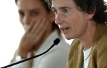Delphine Verheyden, l'avocate de Kylian Mbappé, en conférence de presse à Paris, le 10 avril 2025
