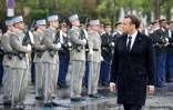 Emmanuel Macron fait la revue des troupes lors des commémorations de la victoire alliée il y a 74 ans, le 8 mai 2019 à Paris