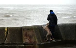 Un homme accompagné d'un chien regarde la mer à New Brighton dans le nord-ouest de l'Angleterre