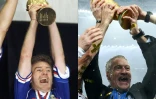 Didier Deschamps (G) soulève la Coupe du monde comme capitaine des Bleus le 12 juillet 1998 au Stade de France puis comme sélectionneur le 15 juillet 2018 à Moscou