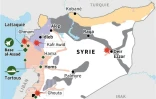 Positions et frappes aériennes russes sur la Syrie et zones de contrôles des différentes forces