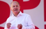 Olaf Scholz, ministre des Finances et vice-chancelier, candidat du SPD aux élections en Allemagne, lors d'un meeting de campagne à Berlin, le 27 août 2021