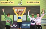 Les porteuses de maillots distinctifs du Tour de France (de g. à dr.) Marianne Vos (vert),    Annemiek Van Vleuten (jaune), Shirin Van Anrooij (blanc) et Demi Vollering (à pois rouges) à La Super Planche des Belles, le 31 juillet 2022 