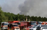 Des pompiers, debout sur le toit de leurs camions, observent un incendie de forêt à Huertgenwald, dans l'ouest de l'Allemagne, le 14 août 2026