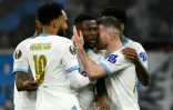 Les Marseillais, grâce à un but de Chancel Mbemba (au centre) contre l'Atalanta au Stade Vélodrome le 2 mai 2024, seront au complet à Bergame