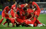 La joie de l'équipe d'Angleterre après sa victoire lors de la séance de tirs au but sur la Colombie, à Moscou, le 3 juillet 2018
