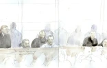 Croquis d'audience fait le 20 avril 2017 montrant les accusés (de g à d) Mauk N'Gatte, Jeremy Bailly, Sydney Decoups, Meher Ousani, Ibrahim Boudina, Kevin Phan, Aux Seng, Jamel Bouteraa and Elvin Bokamba-Yangouma devant une Cour d'assises à Paris