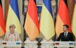 La chancelière allemande Angela Merkel et le président ukrainien Volodymyr Zelensky, le 22 août 2021 à Kiev