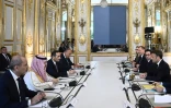 Le président français Emmanuel Macron (droite) reçoit des représentants de pays de la Ligue arabe à l'Elysée, le 24 mai 2024  