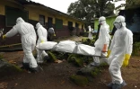 Des personnels médicaux de la Croix Rouge évacuent le corps d'une victime du virus Ebola d'une maison de Monrovia la capitale du Liberia le 29 septembre 2014