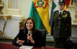 Le ministre bolivienne des Affaires étrangères Karen Longaric lors d'une conférence de presse à La Paz le 27 décembre 2019