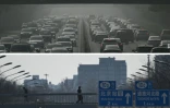 Montage photos du 16 février 2026 montrant la circulation dense par temps de smog à Pékin, le 1er novembre 2023 (en haut), et la même vue, le 11 février 2026 (en bas)