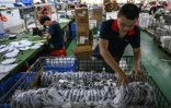 Des employés travaillent sur une ligne de production de l'usine Wosen, un fabricant d'éclairages LED, le 17 avril 2025 à Zhongshan, dans la province du Guangdong, dans le sud de la Chine