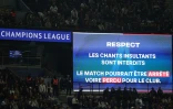 Message diffusé sur les écrans géants du Parc des Princes rappelant que les chants insultants sont interdits, avant le match entre le PSG et le PSV Eindhoven, en Ligue des champions, le 22 octobre 2024