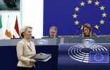 La présidente de la commission européenne Ursula von der Leyen lors d'une plénière du Parlement européen à Strasbourg, le 28 février 2024